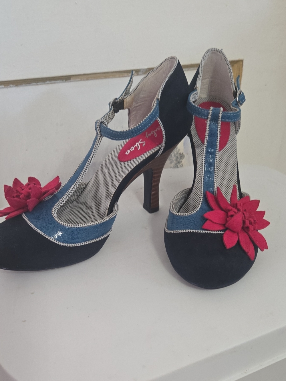 Vintage-Inspired Ruby Shoo Navy and T-Strap Heels with Red Flower Accent